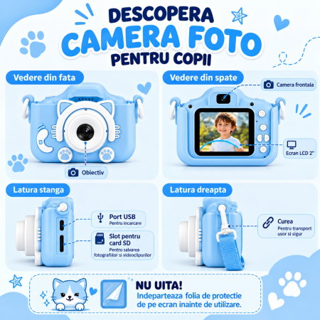 Camera foto pentru copii Smart Fun Albastru, 96 MP, Ecran 2.0 inch, 64 GB SD, 1080P HD [17]