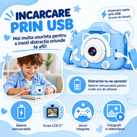 Camera foto pentru copii Smart Fun Albastru, 96 MP, Ecran 2.0 inch, 64 GB SD, 1080P HD [4]