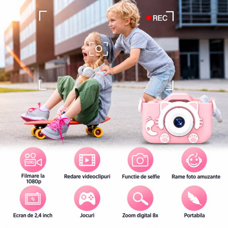 Camera foto pentru copii Smart Fun Roz, 96 MP, Ecran 2.0 inch, 64 GB SD, 1080P HD [9]