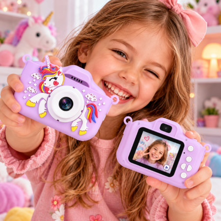 Cele mai noi - Camera foto pentru copii Smart Fun Unicorn, 96 MP, Ecran 2.0 inch, 64 GB SD, 1080P HD