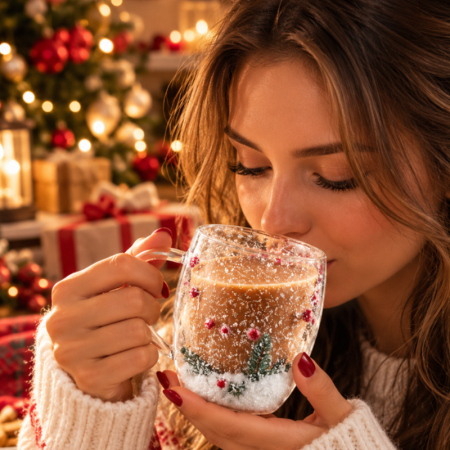 Cadouri Black Friday - Cana cafea de Craciun din sticla transparenta