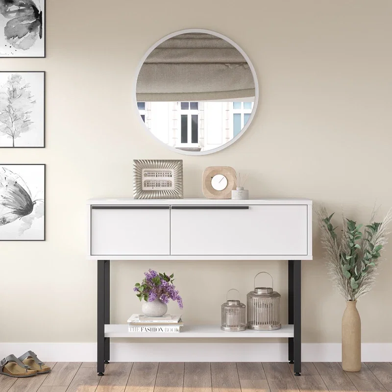Comoda alba cu picioare metalice si cu oglinda, 100x76 cm [0]