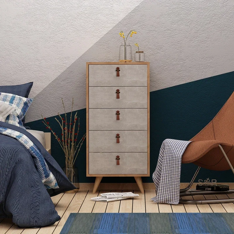Comoda Spanze, stejar alb, 5 sertare, manere piele PU, eleganta [0]