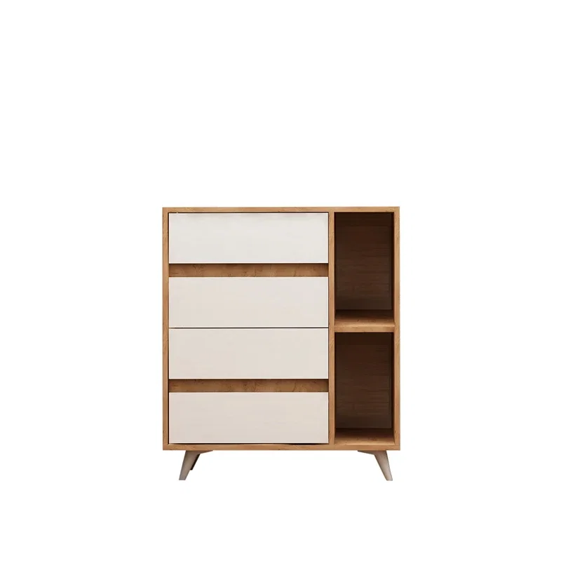 Comoda Tsela, stejar alb, 2 sertare, rafturi multiple, stil modern [4]