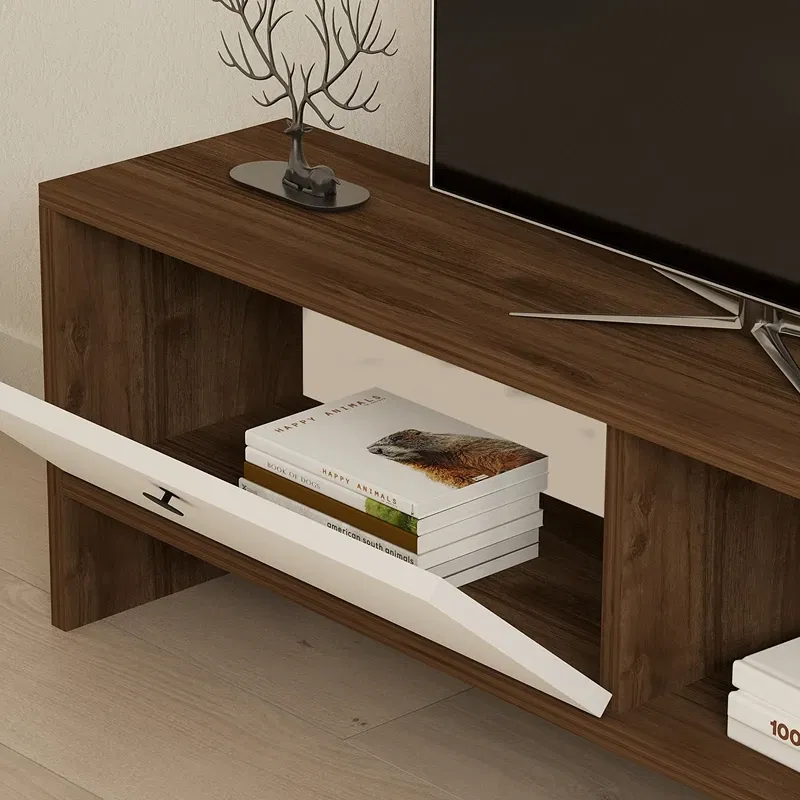 Comoda TV Gaye, nuc si alb, spatii depozitare, design modern, 120 cm [2]