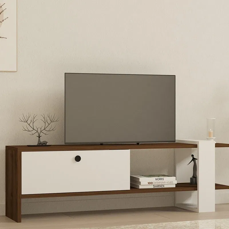 Comoda TV Gaye, nuc si alb, spatii depozitare, design modern, 120 cm [3]