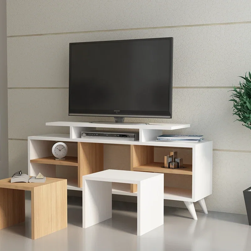 Cele mai noi - Comoda TV Kutay, alb-teak, 120 cm, cu rafturi si masuta auxiliara