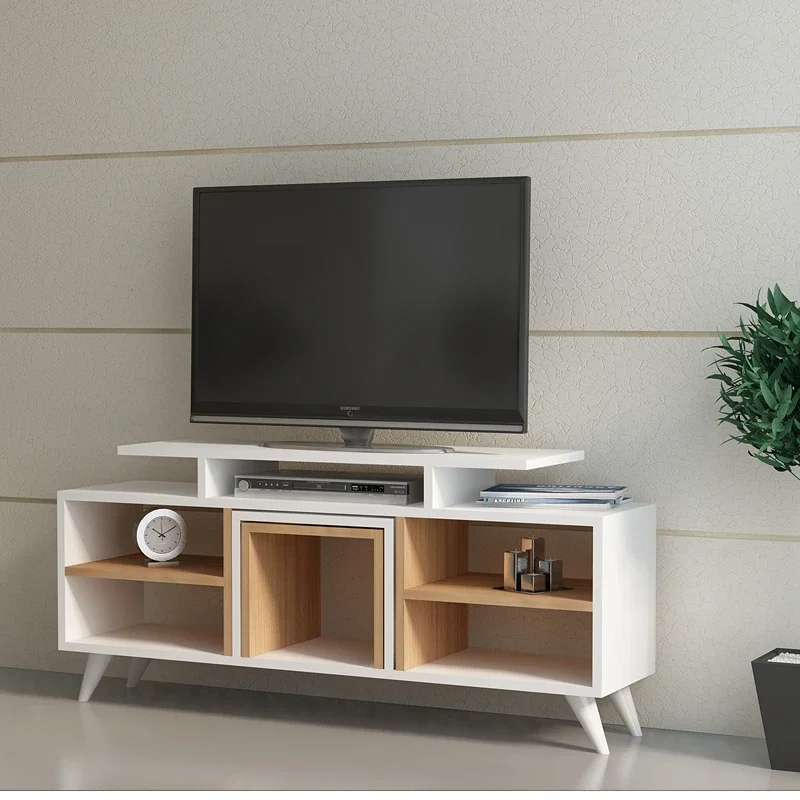 Comoda TV Kutay, alb-teak, 120 cm, cu rafturi si masuta auxiliara [1]