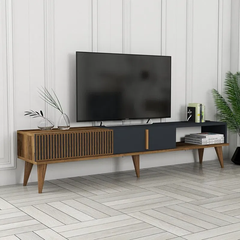 Comoda TV moderna, lemn nuc si antracit, design minimalist, 180 cm [0]