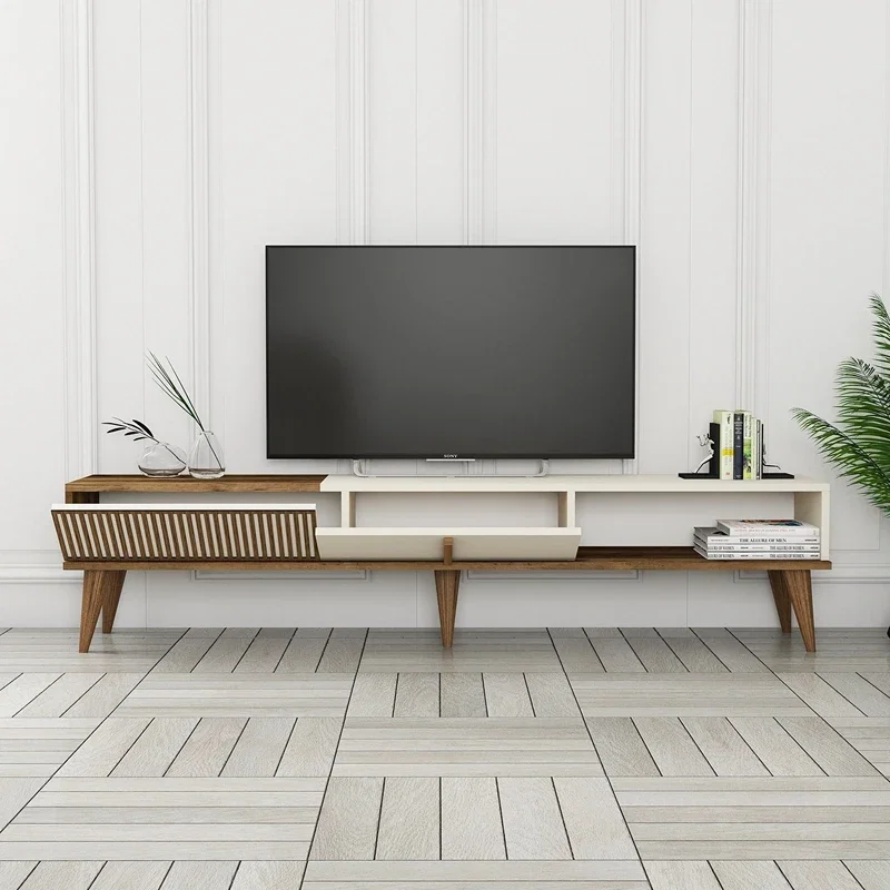 Cele mai noi - Comoda TV moderna, lemn nuc si crem, design minimalist, 180 cm