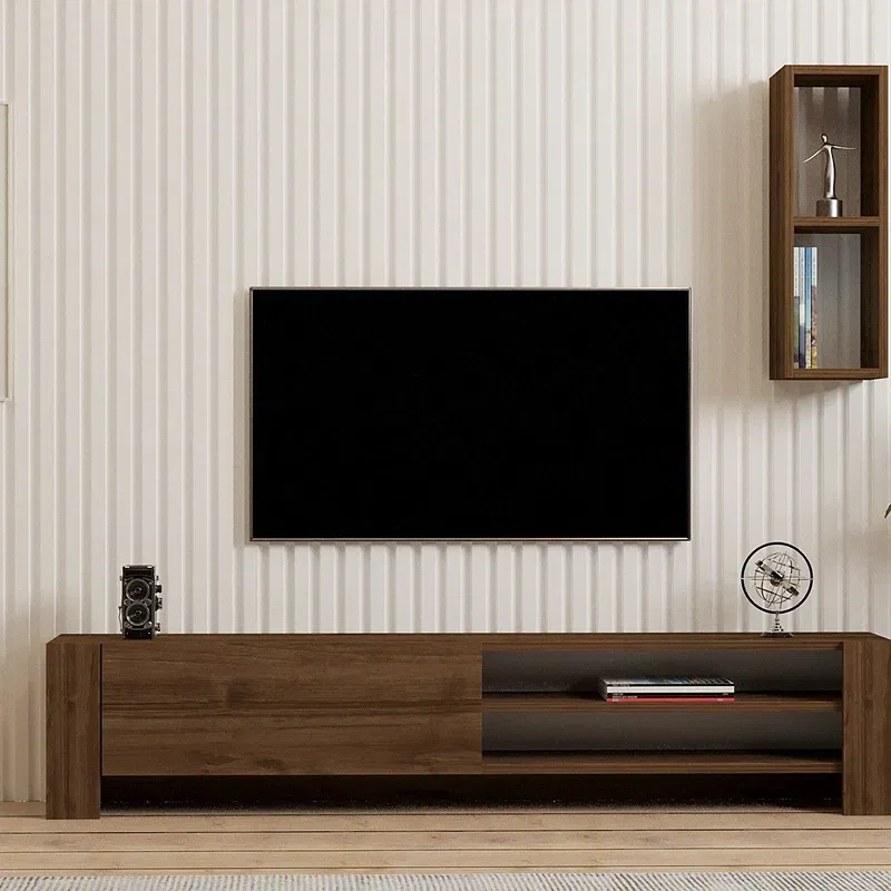 Comoda TV Naz, design modern, finisaj nuc, cu raft suspendat si spatiu de depozitare, 160 cm [1]