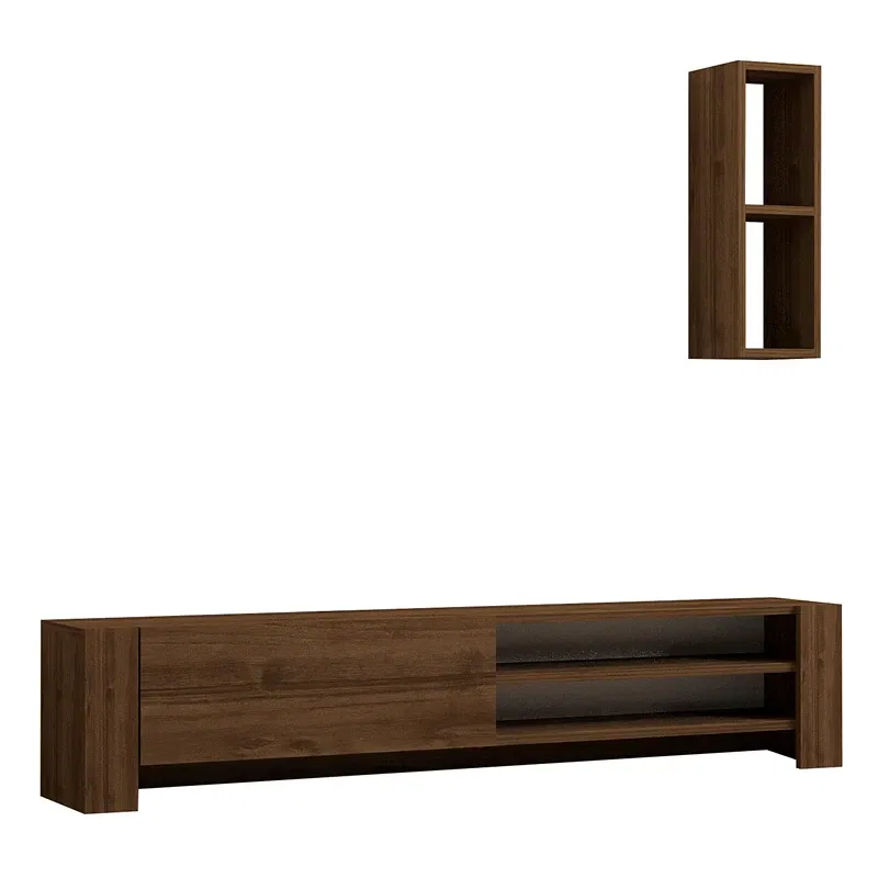 Comoda TV Naz, design modern, finisaj nuc, cu raft suspendat si spatiu de depozitare, 160 cm [3]