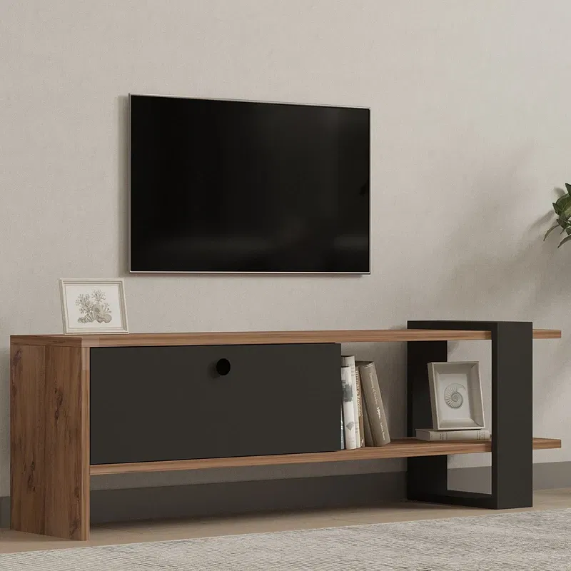 Comoda TV Ova, stejar si antracit, design modern, rafturi multiple, 120 cm [0]