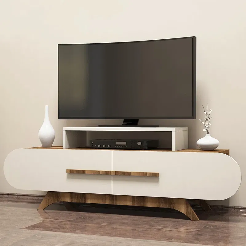 Comoda TV Rose, design curbat, finisaj nuc si crem, spatiu de depozitare, 145 cm [1]