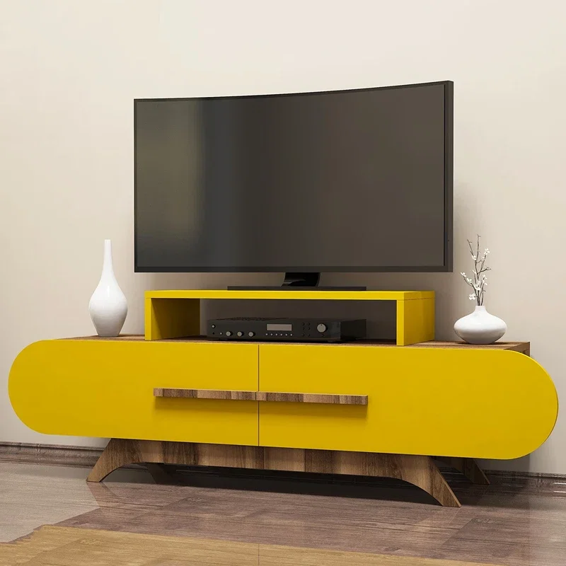 Comoda TV Rose, design curbat, finisaj nuc si galben, spatiu de depozitare, 145 cm [1]