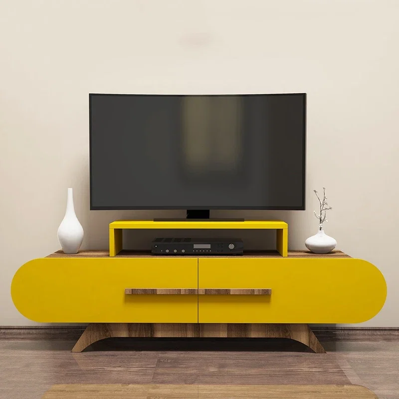 Comoda TV Rose, design curbat, finisaj nuc si galben, spatiu de depozitare, 145 cm [0]