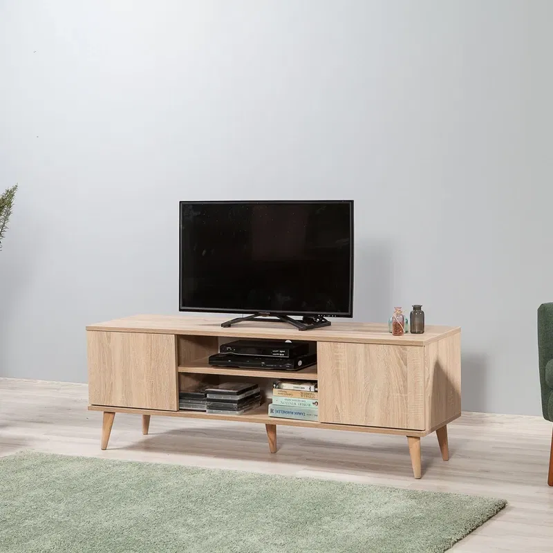 Comoda TV Truva, stejar Sonoma, moderna, cu rafturi si picioare din lemn, 140 cm [3]