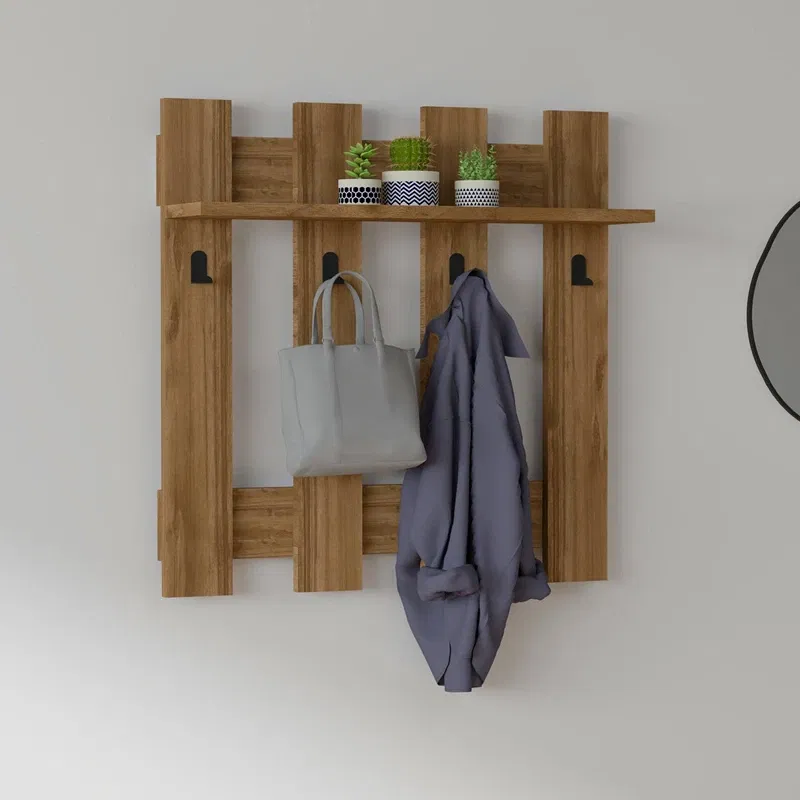 Cuier de perete Carina, finisaj nuc, cu raft si suport multifunctional, 70 cm [0]