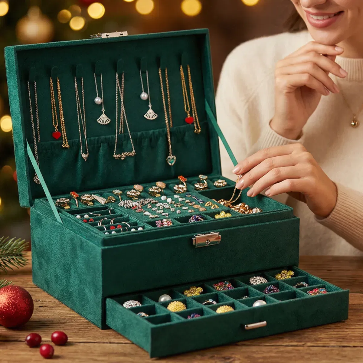 Cutie bijuterii, cu cheita, Verde smarald [1]