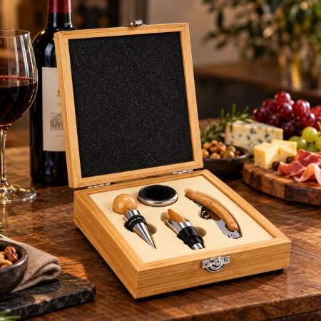Cadouri pentru Tati - Set cadou pentru vin cu 4 accesorii, în cutie din lemn