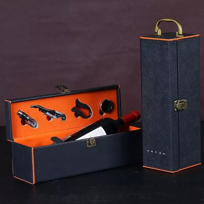 Cutie de vin Deluxe pentru 1 sticla cu accesorii de vin incluse interior oranj [4]