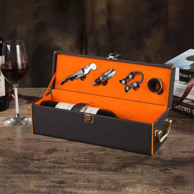 Cutie de vin Deluxe pentru 1 sticla cu accesorii de vin incluse interior oranj [1]