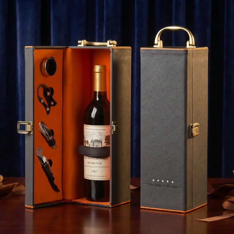 Cadouri de Casa Noua - Cutie de vin Deluxe pentru 1 sticla cu accesorii de vin incluse interior oranj