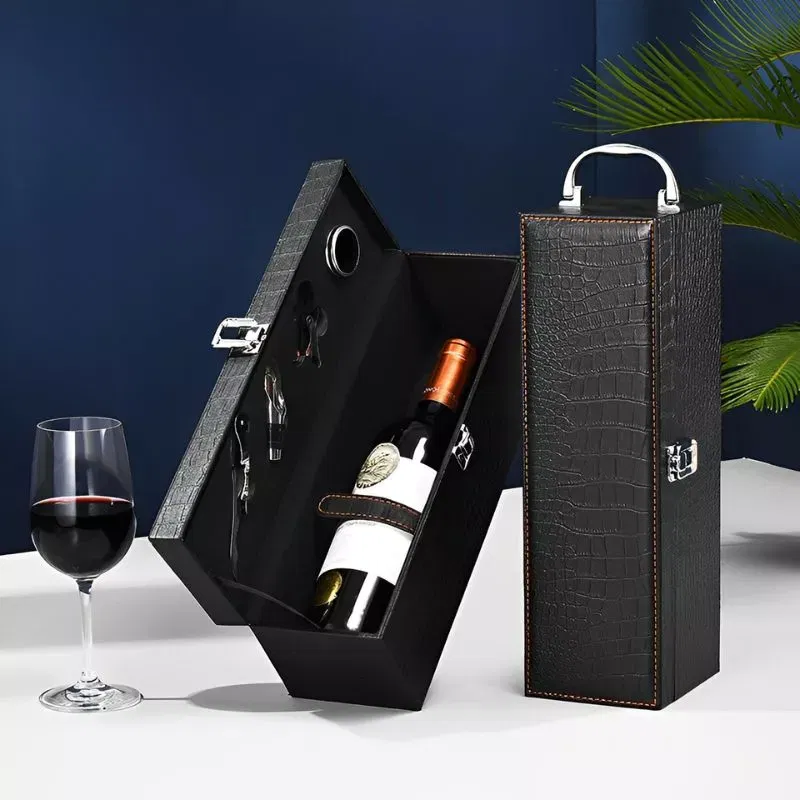Cutie de vin Deluxe pentru 1 sticla cu accesorii de vin incluse piele ecologica de crocodil [2]