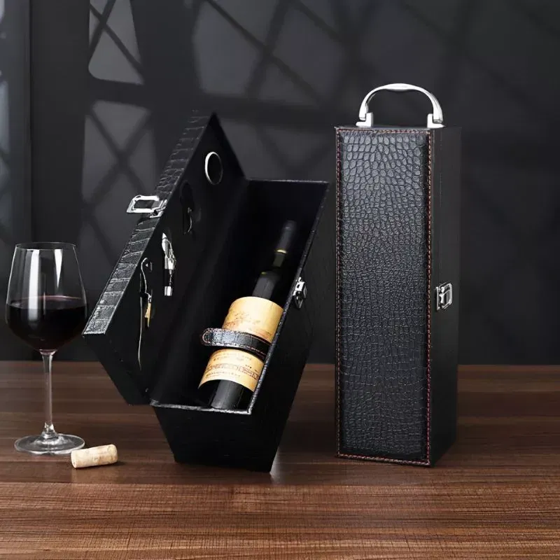 Cadouri pentru Sot - Cutie de vin Deluxe pentru 1 sticla cu accesorii de vin incluse piele ecologica de crocodil