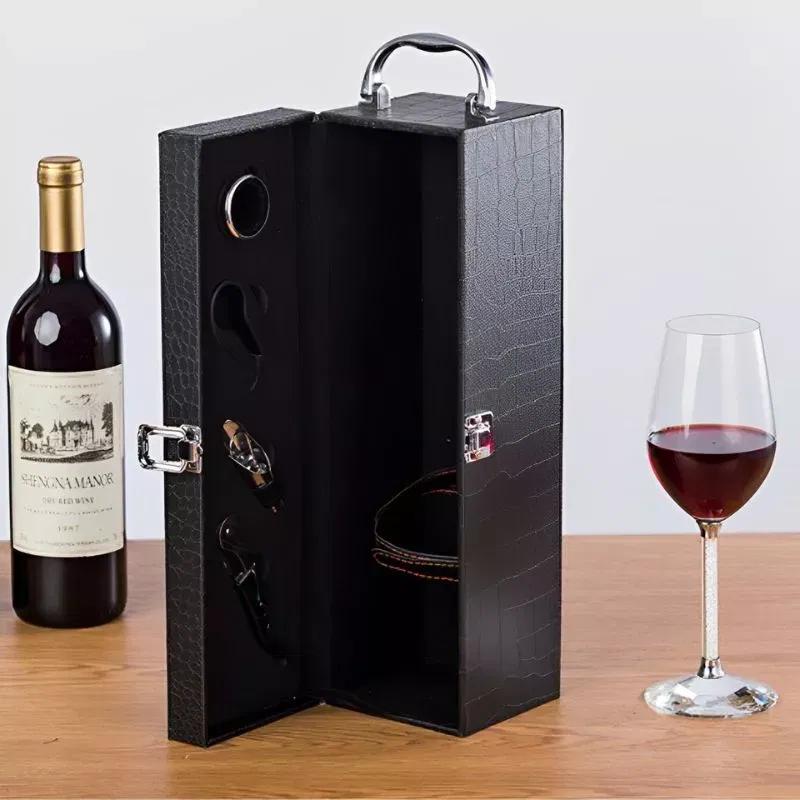 Cutie de vin Deluxe pentru 1 sticla cu accesorii de vin incluse piele ecologica de crocodil [3]