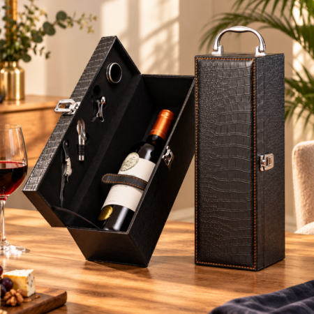 Cadouri de Casa Noua - Cutie de vin Deluxe pentru 1 sticla cu accesorii de vin incluse piele ecologica de crocodil