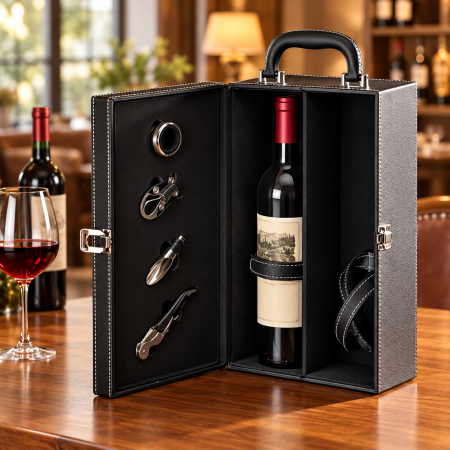 Cadouri Craciun Pentru Barbati - Cutie de vin Deluxe pentru 2 sticle cu accesorii de vin incluse din piele ecologica neagra fina