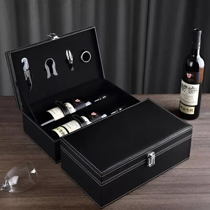 Cutie de vin Deluxe pentru 2 sticle cu accesorii de vin incluse din piele ecologica neagra fina [4]