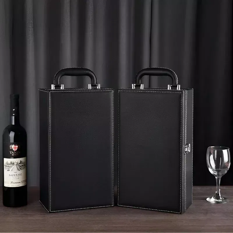 Cutie de vin Deluxe pentru 2 sticle cu accesorii de vin incluse din piele ecologica neagra fina [6]