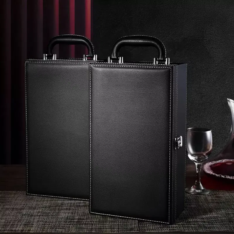 Cutie de vin Deluxe pentru 2 sticle cu accesorii de vin incluse din piele ecologica neagra fina [7]