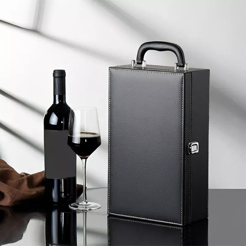 Cutie de vin Deluxe pentru 2 sticle cu accesorii de vin incluse din piele ecologica neagra fina [2]