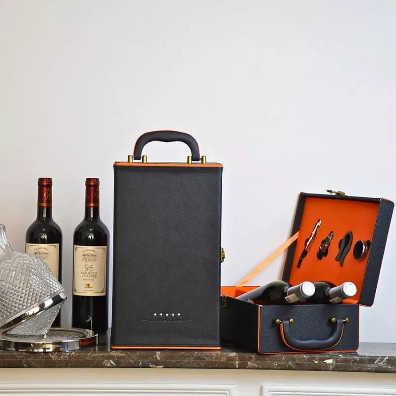 Cutie de vin Deluxe pentru 2 sticle cu accesorii de vin incluse interior oranj [5]