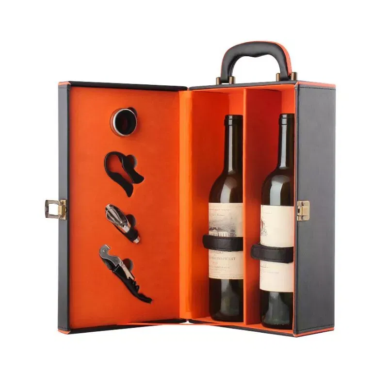 Cutie de vin Deluxe pentru 2 sticle cu accesorii de vin incluse interior oranj [11]