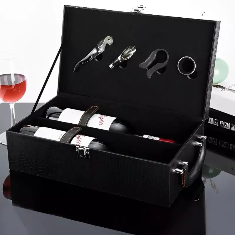 Cutie de vin Deluxe pentru 2 sticle cu accesorii de vin incluse piele ecologica de sarpe [5]