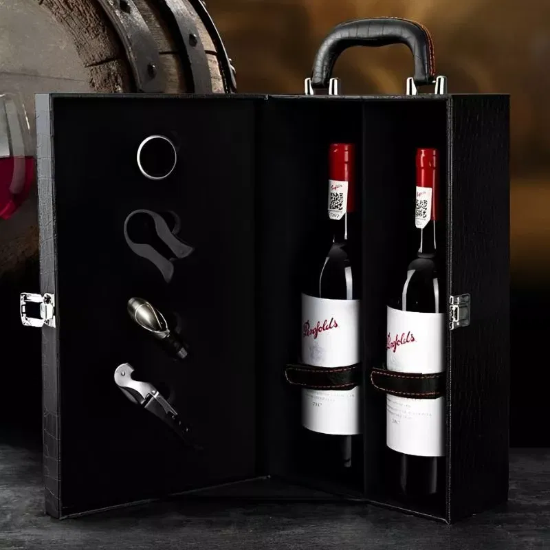Cutie de vin Deluxe pentru 2 sticle cu accesorii de vin incluse piele ecologica de sarpe [8]