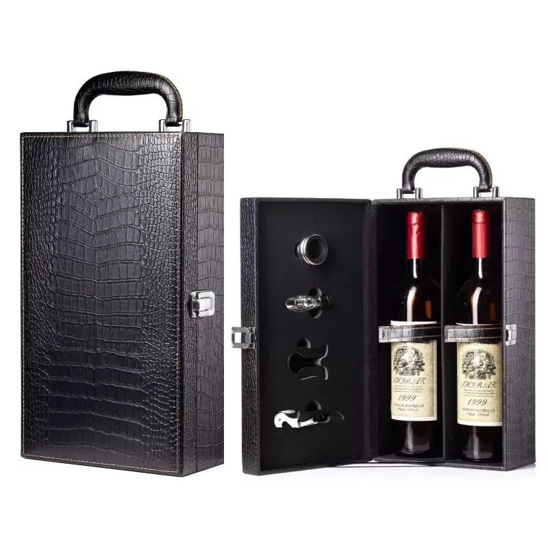 Cutie de vin Deluxe pentru 2 sticle cu accesorii de vin incluse piele ecologica de sarpe [15]