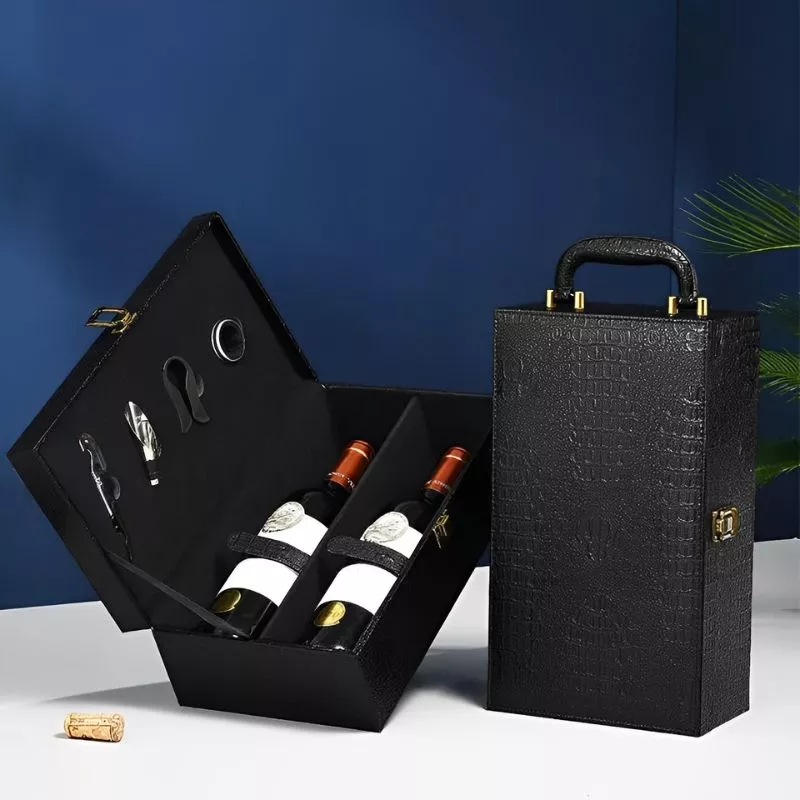 Petrecere - Cutie de vin Deluxe pentru 2 sticle cu accesorii de vin incluse piele ecologica de sarpe
