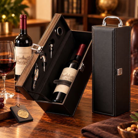 Cadouri Deosebite - Cutie de vin Vinic pentru 1 sticla cu accesorii de vin incluse piele ecologica neagra eleganta