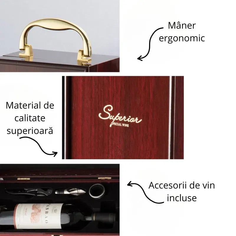Cutie de vin Wood Deluxe pentru 1 sticla cu accesorii de vin incluse Vinquisite [11]