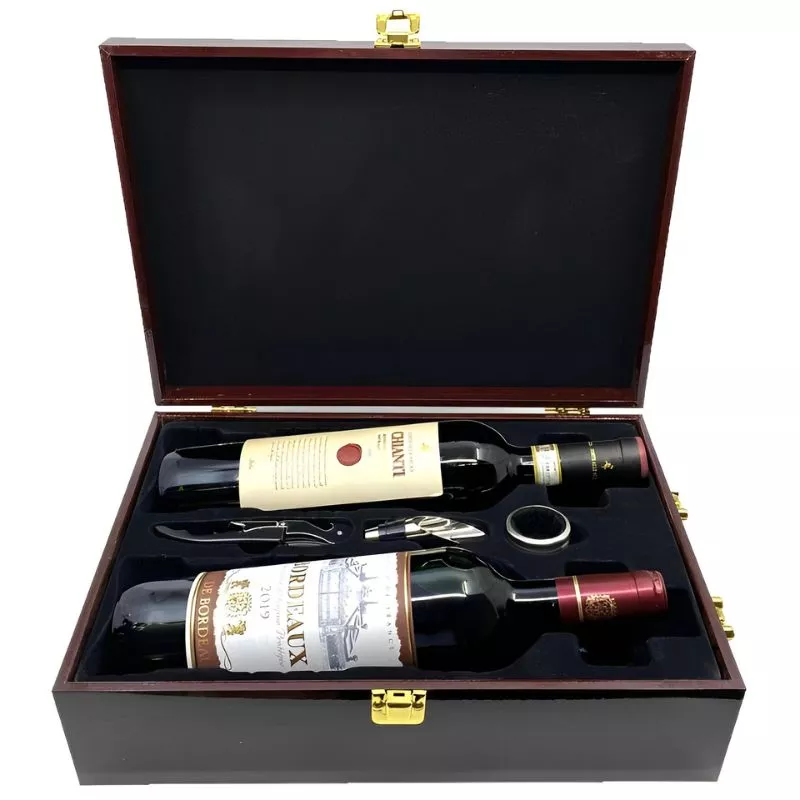 Cutie de vin Wood Deluxe pentru 2 sticle cu accesorii de vin incluse Prestige [14]