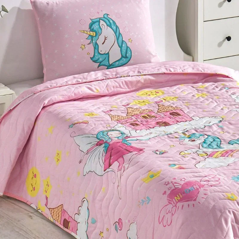 Cuvertura pat single copii, model unicorn, 160x220 cm, o husa de perna [1]