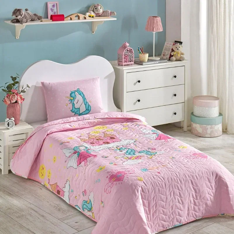 Cuvertura pat single copii, model unicorn, 160x220 cm, o husa de perna [0]