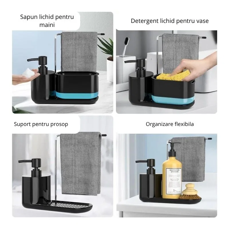 Dispenser detergent lichid pentru vase, 5 in 1, cu suport burete si laveta, organizator chiuveta [5]
