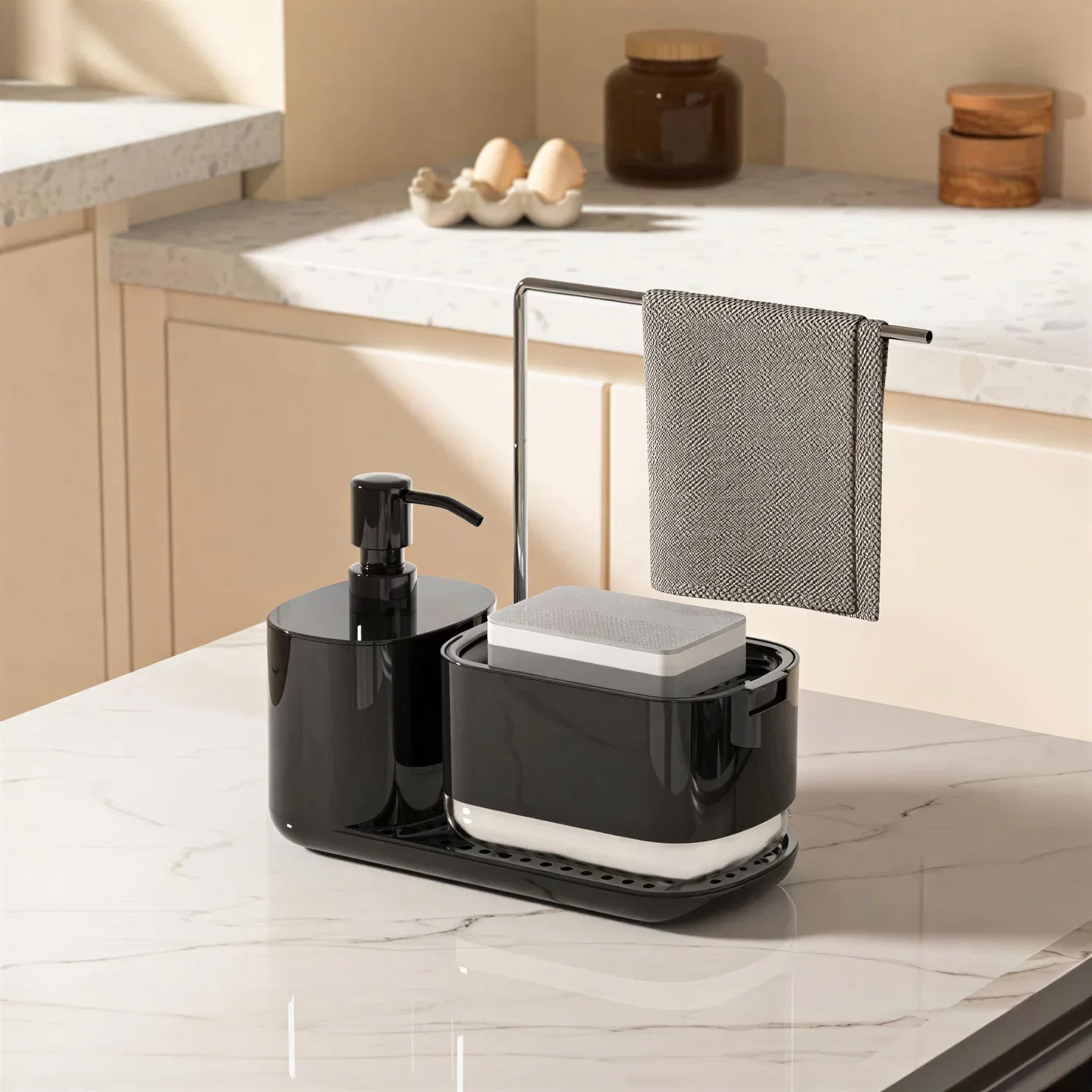 Cadouri - Dispenser detergent lichid pentru vase, 5 in 1, cu suport burete si laveta, organizator chiuveta