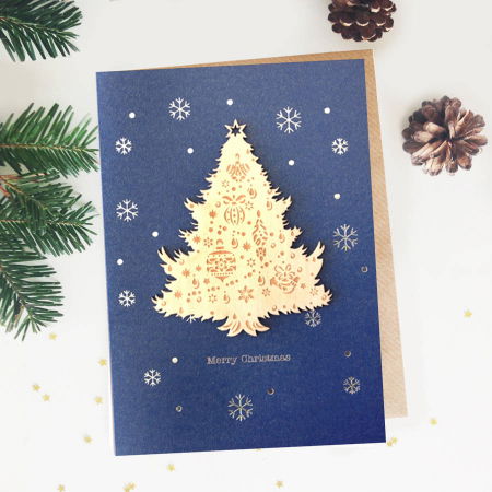 Felicitare de Craciun Ornament din lemn Brad Impodobit [0]